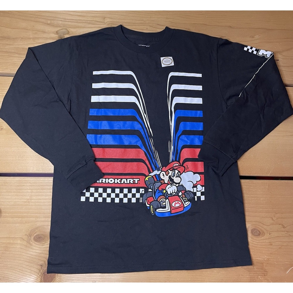 Mario Kart Long Sleeve Black Shirt Mens Medium Graphic Tee Licensed Nintendo